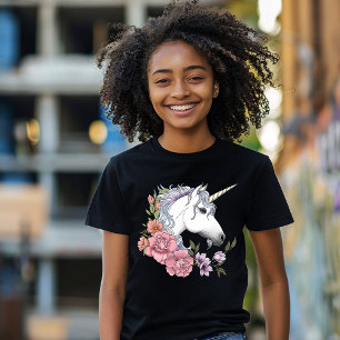 White Unicorn and Flowers T-Shirt