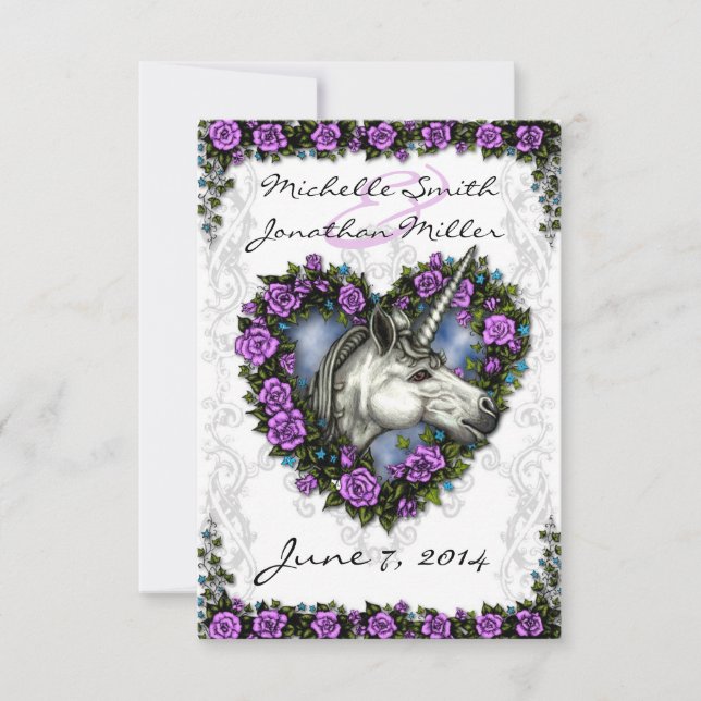 White Unicorn and Purple Rose Heart RSVP Card (Front)