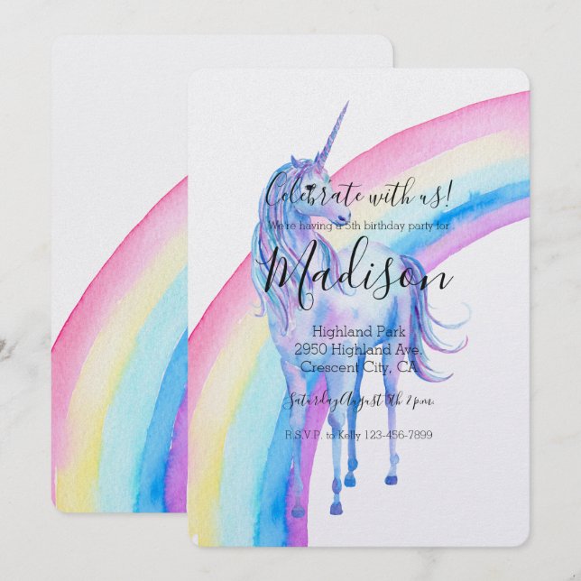 White Unicorn Birthday Invitation (Front/Back)