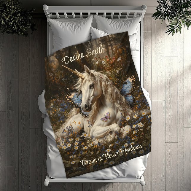 White Unicorn Blue Butterfly Meadow Floral Art Fleece Blanket (Creator Uploaded)