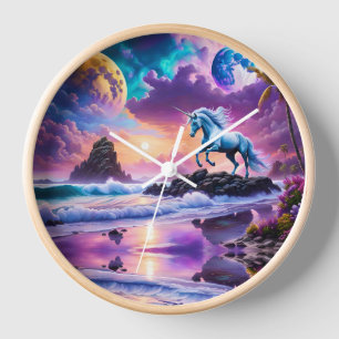 White Unicorn Fantasy Tropical Beach Clock
