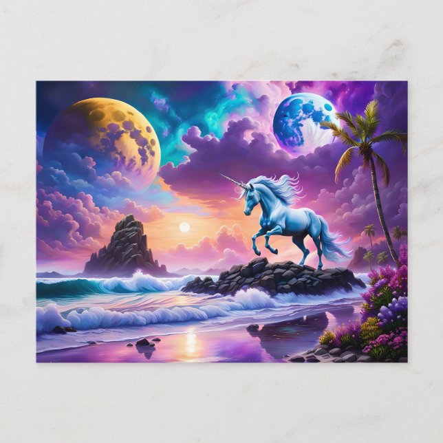 White Unicorn Fantasy Tropical Beach Postcard (Front)