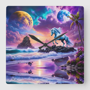 White Unicorn Fantasy Tropical Beach Square Wall Clock