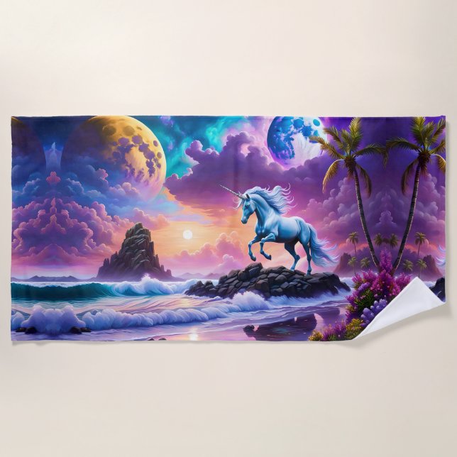 White Unicorn Fantasy Tropical Beach Towel (Front)