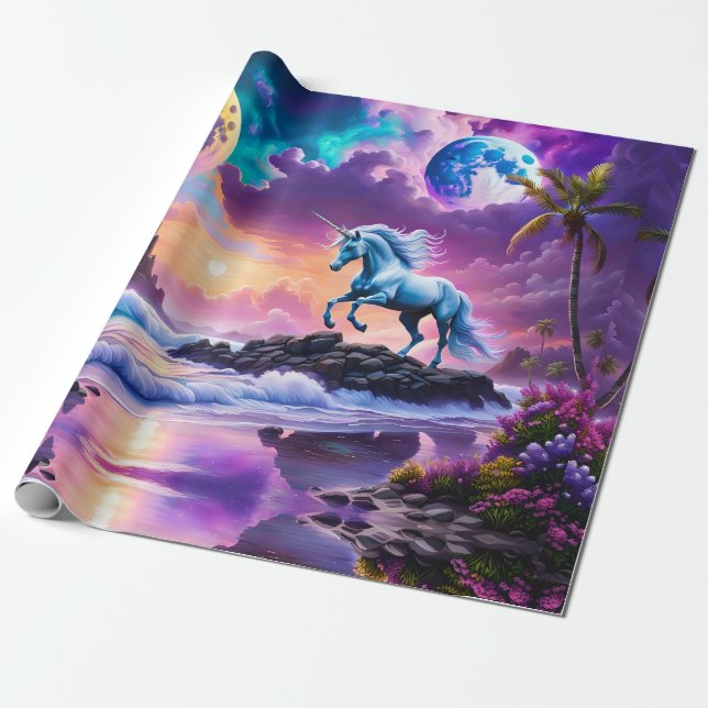 White Unicorn Fantasy Tropical Beach Wrapping Paper (Unrolled)