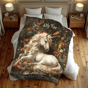 White Unicorn Floral Fantasy Cozy Sleeping Horse Fleece Blanket