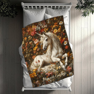 White Unicorn Floral Meadow Fantasy Horse Fleece Blanket