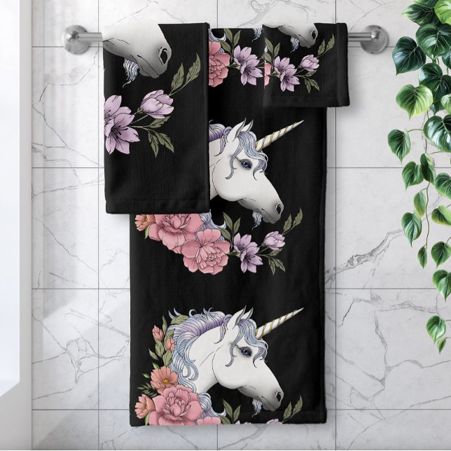 White Unicorn Flowers Pink Black Bath Towel Set (Creator Uploaded)