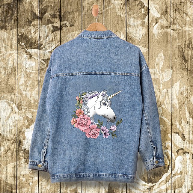 White Unicorn Flowers Pink Black Denim Jacket (Creator Uploaded)