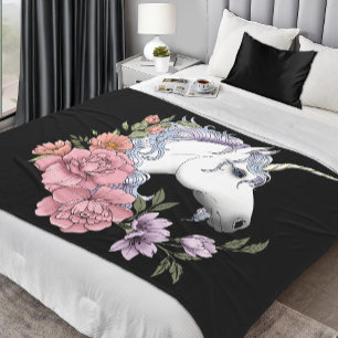 White Unicorn Flowers Pink Black Fleece Blanket