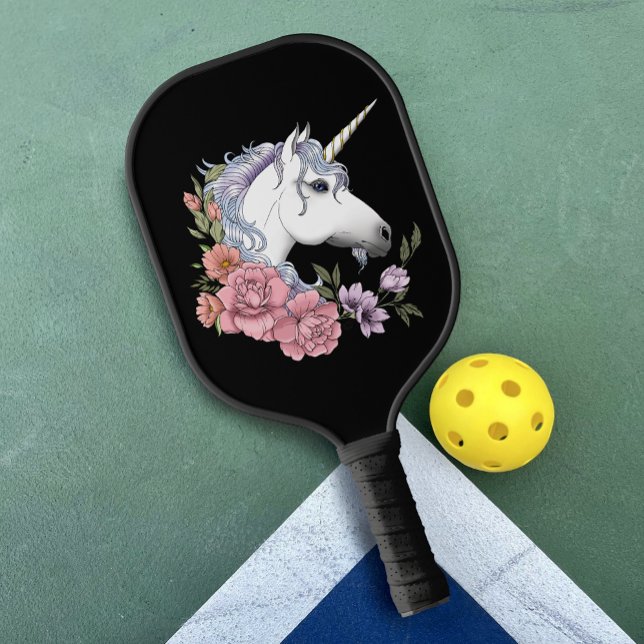 White Unicorn Flowers Pink Black Pickleball Paddle (Creator Uploaded)