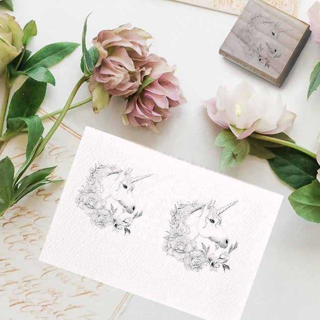 White Unicorn Flowers Pink Black Rubber Stamp (Creator Uploaded)