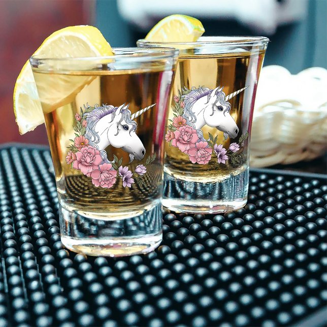 White Unicorn Flowers Pink Black Shot Glass (Creator Uploaded)