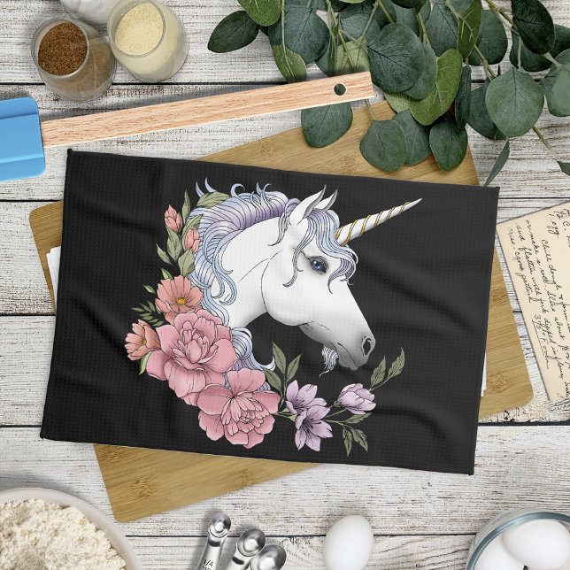 White Unicorn Flowers Pink Black Tea Towel (Creator Uploaded)