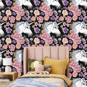 White Unicorn Flowers Pink Black Wallpaper