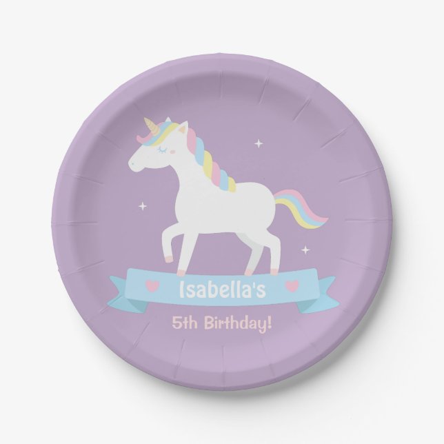 White Unicorn Girls Birthday Purple Party Plates (Front)