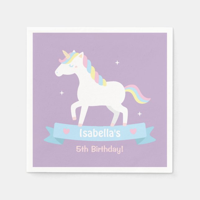 White Unicorn Girls Birthday Purple Party Supplies Napkin (Front)