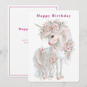 White Unicorn Gold Horn Pink Flowers Card