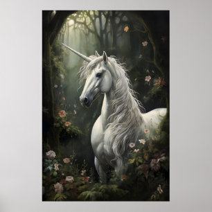 White unicorn horse in deep flower forest print