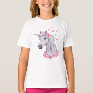 White Unicorn Horse, Pink Roses, and Butterflies T-Shirt