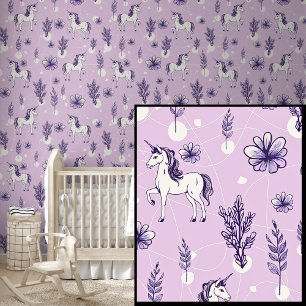 White Unicorn Horses on Mauve  Wallpaper