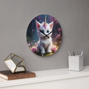 White Unicorn Kitten Acrylic Art, Large Clock