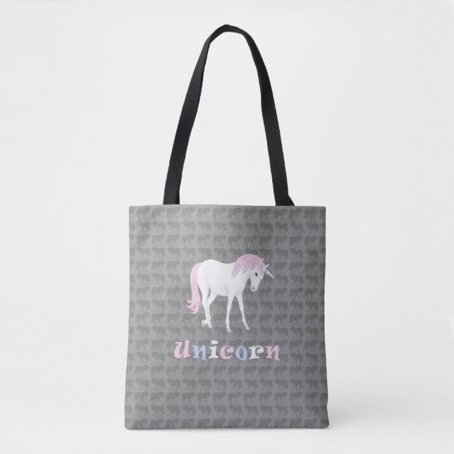 White Unicorn on Gray Tote Bag (Front)