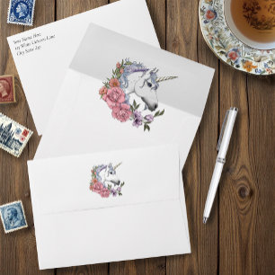 White Unicorn Pink Flowers Blue Envelope