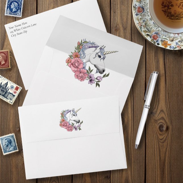 White Unicorn Pink Flowers Blue Envelope (Creator Uploaded)