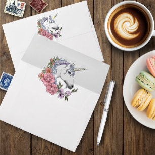 White Unicorn Pink Flowers Blue Envelope