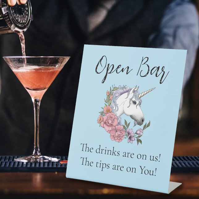 White Unicorn Pink Flowers Blue Open Bar Pedestal Sign (Creator Uploaded)