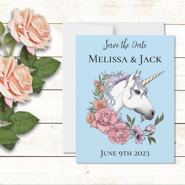 White Unicorn Pink Flowers Blue Save The Date (Creator Uploaded)