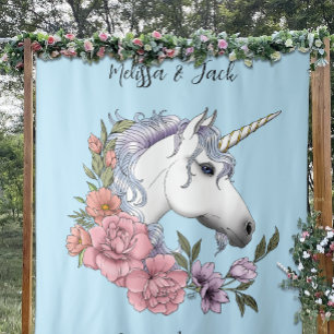 White Unicorn Pink Flowers Blue Tapestry
