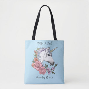 White Unicorn Pink Flowers Blue Tote Bag