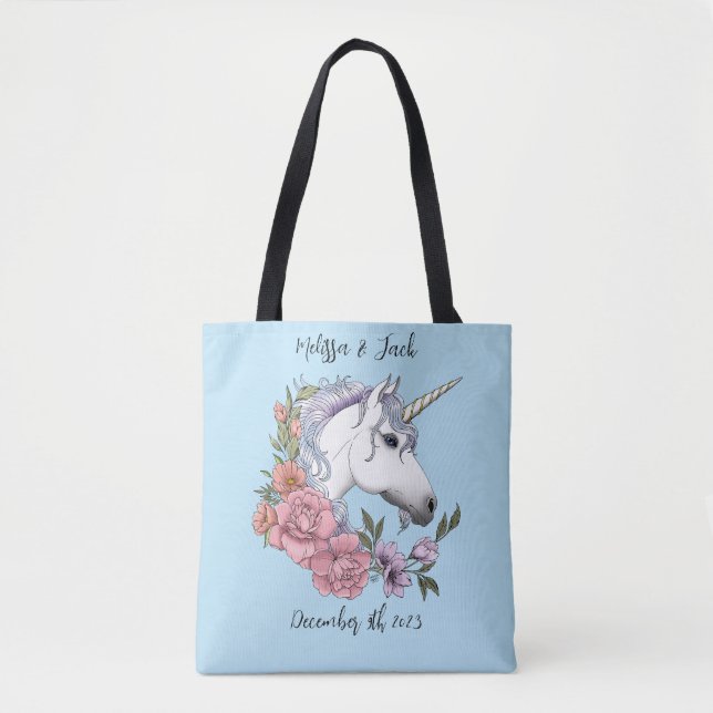 White Unicorn Pink Flowers Blue Tote Bag (Front)