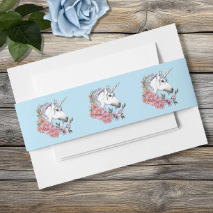 White unicorn Pink Flowers Blue Wedding Invitation Belly Band