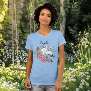 White Unicorn Pink Flowers Blue Wedding T-Shirt