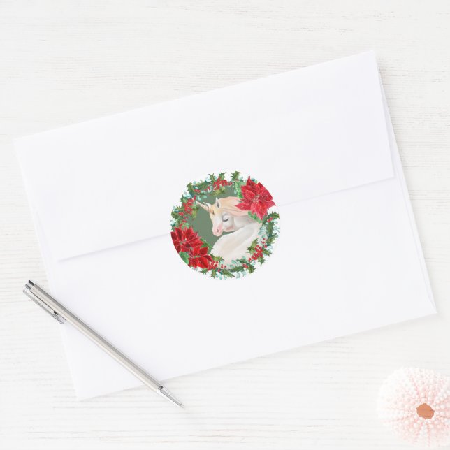 White Unicorn Poinsettia Holly Holiday Wreath Classic Round Sticker (Envelope)