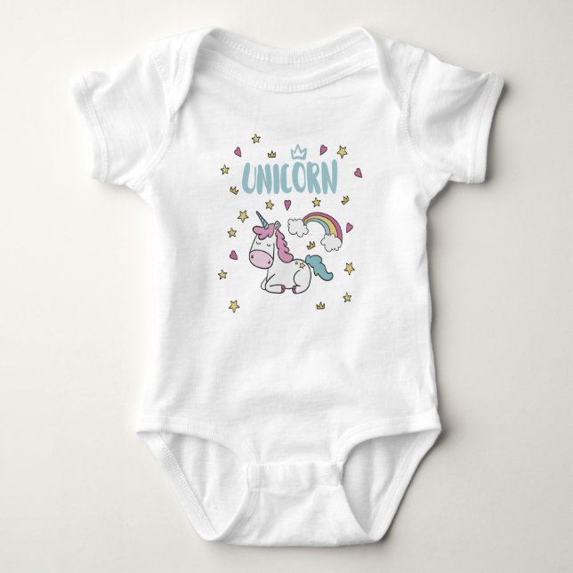 White unicorn Rainbow Colour Baby Bodysuit (Front)