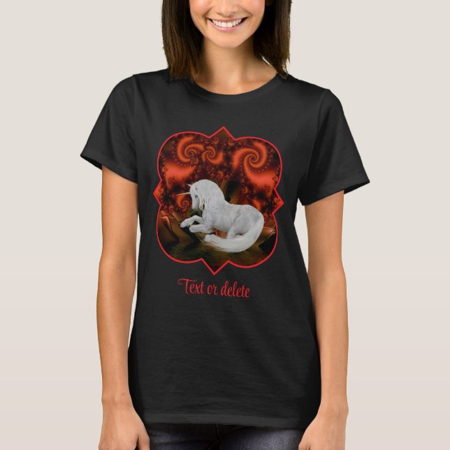 White Unicorn Red Fractal Fantasy Horse Art T-Shirt (Front)
