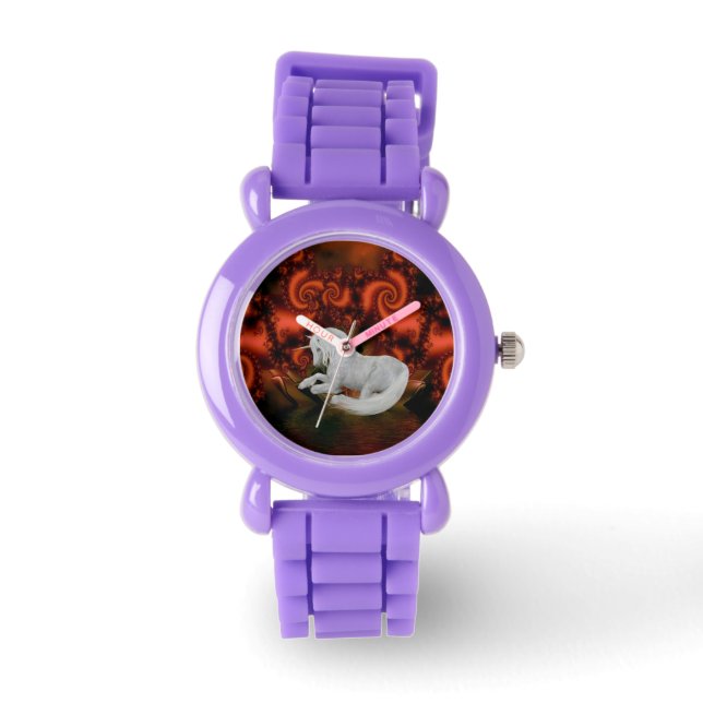 White Unicorn Red Fractals Animal Art Watch (Front)