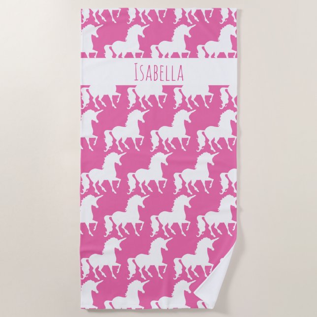 White Unicorn Silhouette Pattern Pink Personalised Beach Towel (Front)