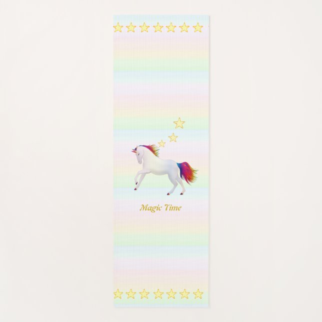White unicorn & stars on pastel colour yoga mat (Front)