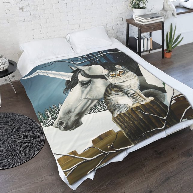 White Unicorn Tabby Cat Fantasy Fleece Blanket (Creator Uploaded)
