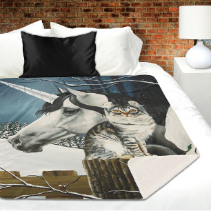 White Unicorn Tabby Cat Fantasy Sherpa Blanket