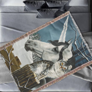 White Unicorn Tabby cat Fantasy  Throw Blanket