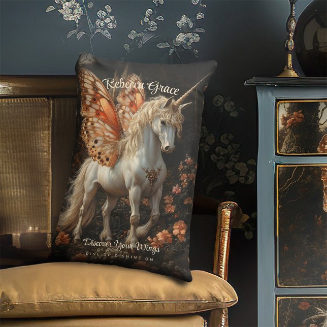 White Unicorn With Orange Butterfly Wings Teen Lumbar Cushion (Creator Uploaded)