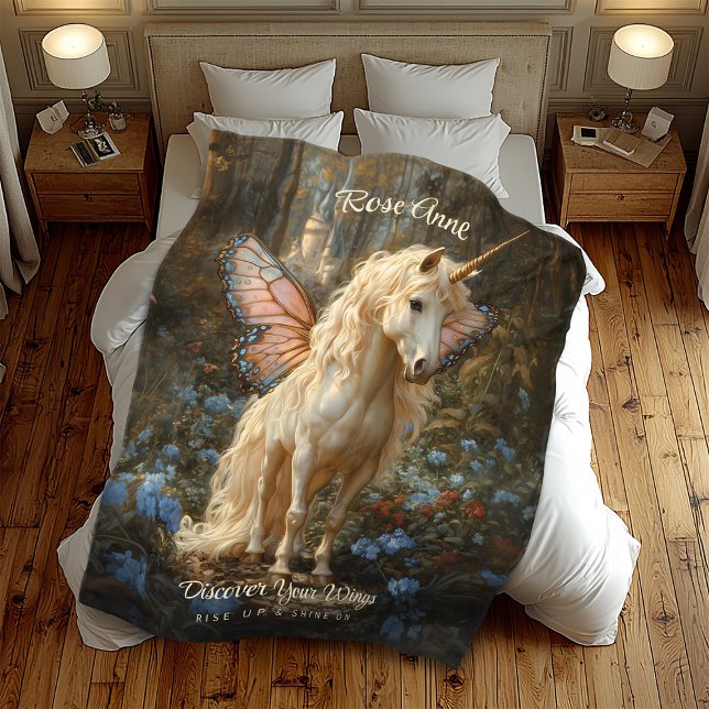 White Unicorn With Pink Butterfly Wings Horse Fleece Blanket (Creator Uploaded)