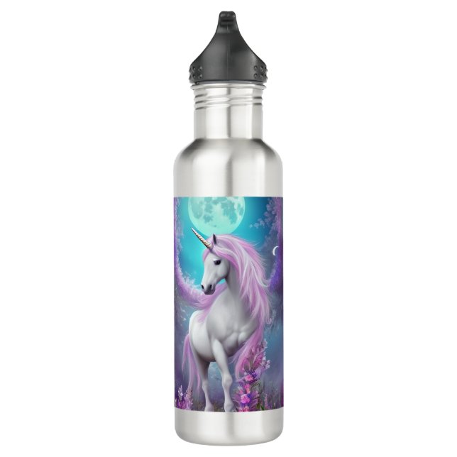 White Unicorn with Purple Flowers & Moon  710 Ml Water Bottle (Right)