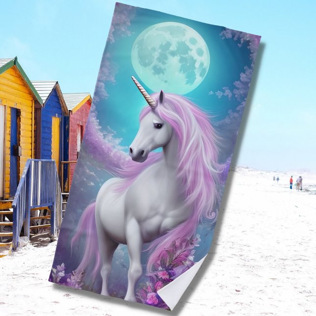 White Unicorn with Purple Flowers & Moon   Beach Towel (Creator Uploaded)